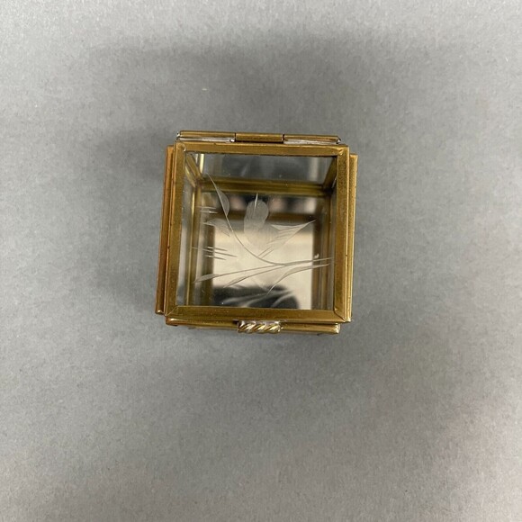 Vintage Glass Brass Mirrored Small Jewelry Trinket Box Square with Bird - Picture 2 of 7